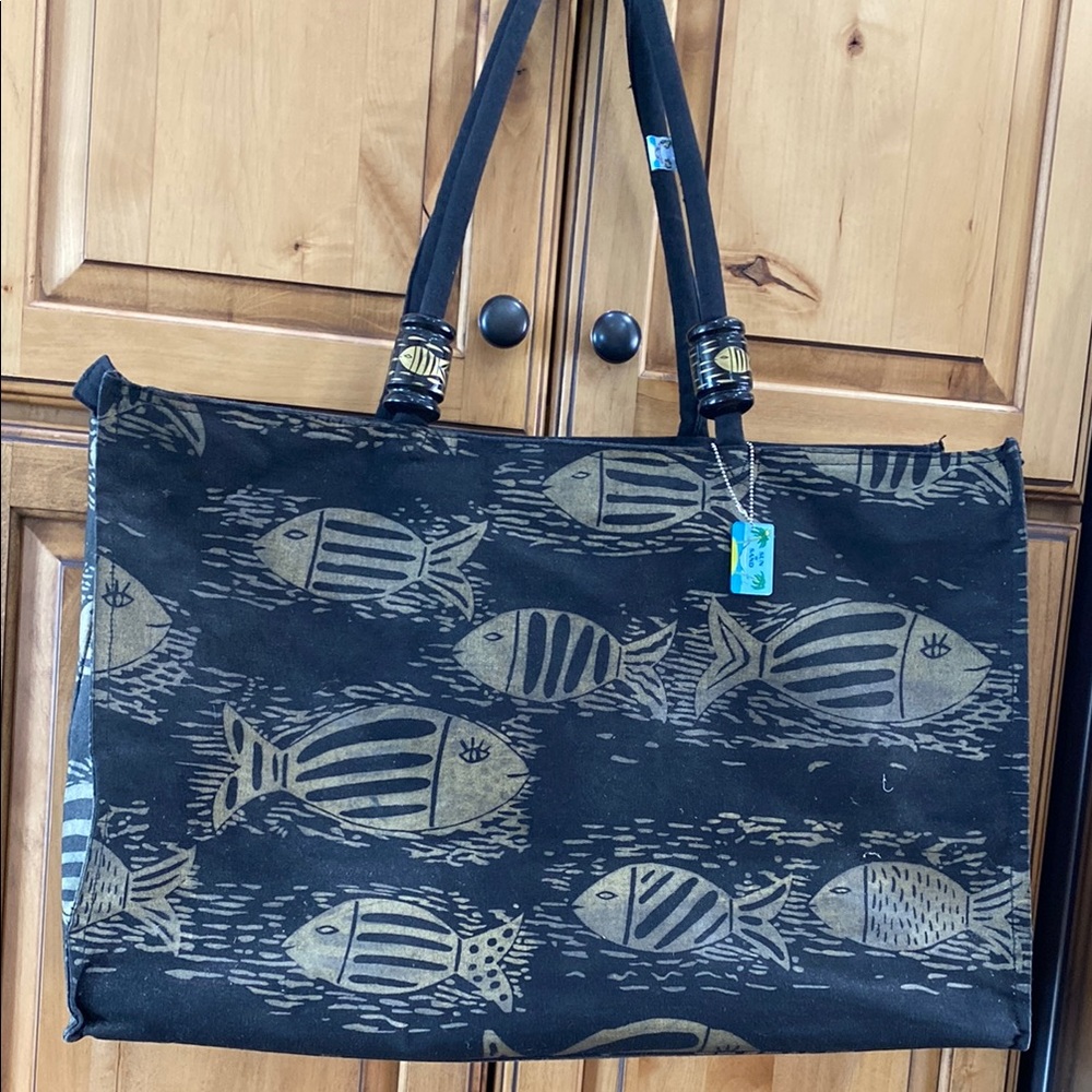 Sun & Sand Black and Gold Fish Pattern Tote Bag